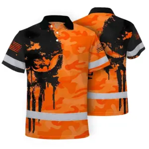 Hi Vis Skull Polo Shirt, Orange Neon Custom Name High Visibility Short Sleeve Button Down Shirt for Workers, Truckers