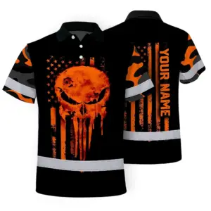 Hi Vis Skull Polo Shirt, Orange Neon Custom Name High Visibility Short Sleeve Button Down Shirt for Workers, Truckers