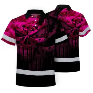 Hi Vis Skull Polo Shirt, Pink Neon Custom Name High Visibility Short Sleeve Button Down Shirt for Workers, Truckers