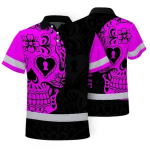Hi Vis Skull Polo Shirt, Pink Neon Custom Name High Visibility Short Sleeve Button Down Shirt for Workers, Truckers