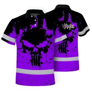 Hi Vis Skull Polo Shirt, Violet Neon Custom Name High Visibility Short Sleeve Button Down Shirt for Workers, Truckers