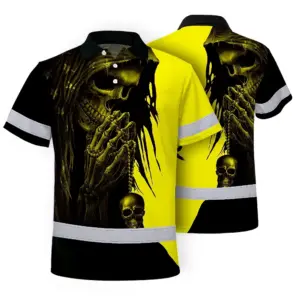 Hi Vis Skull Polo Shirt, Yellow Neon Custom Name High Visibility Short Sleeve Button Down Shirt for Workers, Truckers