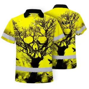 Hi Vis Skull Polo Shirt, Yellow Neon Custom Name High Visibility Short Sleeve Button Down Shirt for Workers, Truckers