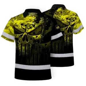 Hi Vis Skull Polo Shirt, Yellow Neon Custom Name High Visibility Short Sleeve Button Down Shirt for Workers, Truckers