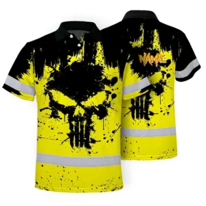 Hi Vis Skull Polo Shirt, Yellow Neon Custom Name High Visibility Short Sleeve Button Down Shirt for Workers, Truckers