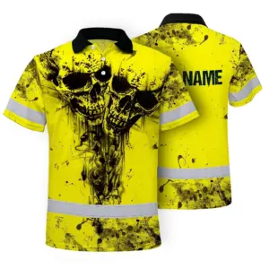 Hi Vis Skull Polo Shirt, Yellow Neon Custom Name High Visibility Short Sleeve Button Down Shirt for Workers, Truckers