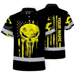 Hi Vis Skull Polo Shirt, Yellow Neon Custom Name High Visibility Short Sleeve Button Down Shirt for Workers, Truckers
