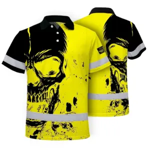Hi Vis Skull Polo Shirt, Yellow Neon Custom Name High Visibility Short Sleeve Button Down Shirt for Workers, Truckers
