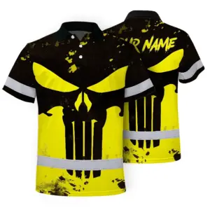 Hi Vis Skull Polo Shirt, Yellow Neon Custom Name High Visibility Short Sleeve Button Down Shirt for Workers, Truckers