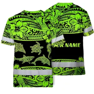 Hi Vis T Shirt Reflective Tapes Green Neon Hawaiian Polynesian Tribal Custom Name