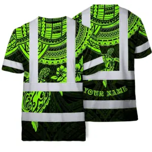 Hi Vis T Shirt Reflective Tapes Green Turtle Flower Hawaiian Polynesian Tribal Custom Name