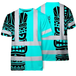 Hi Vis T Shirt Reflective Tapes TiKi Blue Neon Polynesian Tribal Custom Name Safety Workwear For Workers, Truckers, Operators