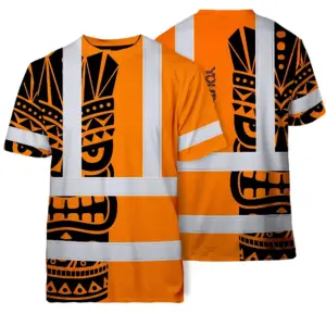 Hi Vis T Shirt Reflective Tapes TiKi Orange Neon Polynesian Tribal Custom Name Safety Workwear For Workers, Truckers, Operators