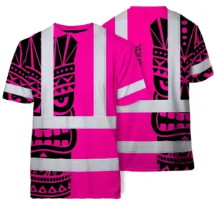 Hi Vis T Shirt Reflective Tapes TiKi Pink Neon Polynesian Tribal Custom Name Safety Workwear For Workers, Truckers, Operators