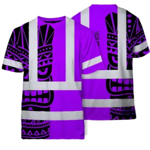 Hi Vis T Shirt Reflective Tapes TiKi  Violet Neon Polynesian Tribal Custom Name Safety Workwear For Workers, Truckers, Operators