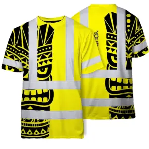 Hi Vis T Shirt Reflective Tapes TiKi Yellow Neon Polynesian Tribal Custom Name Safety Workwear For Workers, Truckers, Operators
