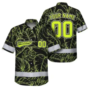 Hi Vis Team Hawaiian Shirt Reflective Tapes Black Green Leaf Custom Name And Number Safety Workwear For Baseball Team Workers, Truckers, Operators
