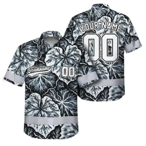 Hi Vis Team Hawaiian Shirt Reflective Tapes Black White Leaf Custom Name And Number Safety Workwear For Baseball Team Workers, Truckers, Operators