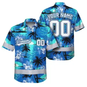 Hi Vis Team Hawaiian Shirt Reflective Tapes Blue Black Tree Custom Name And Number Safety Workwear For Baseball Team Workers, Truckers, Operators