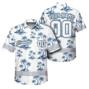 Hi Vis Team Hawaiian Shirt Reflective Tapes Blue White Tree Custom Name And Number Safety Workwear For Baseball Team Workers, Truckers, Operators