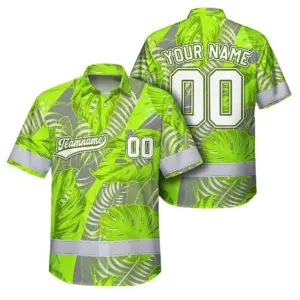 Hi Vis Team Hawaiian Shirt Reflective Tapes Green Gray Leaf Custom Name And Number Safety Workwear For Baseball Team Workers, Truckers, Operators