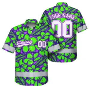 Hi Vis Team Hawaiian Shirt Reflective Tapes Green Violet Flower Custom Name And Number Safety Workwear For Baseball Team Workers, Truckers, Operators