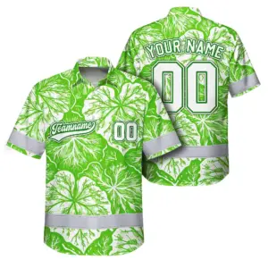 Hi Vis Team Hawaiian Shirt Reflective Tapes Green White Leaf Custom Name And Number Safety Workwear For Baseball Team Workers, Truckers, Operators