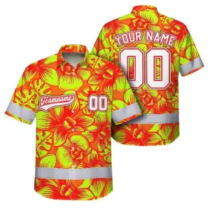 Hi Vis Team Hawaiian Shirt Reflective Tapes Lime Orange Orchid Custom Name And Number Safety Workwear For Baseball Team Workers, Truckers, Operators