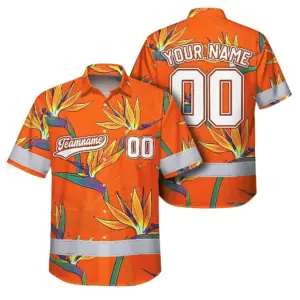 Hi Vis Team Hawaiian Shirt Reflective Tapes Orange Flower Custom Name And Number Safety Workwear For Baseball Team Workers, Truckers, Operators