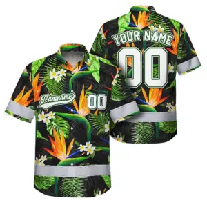 Hi Vis Team Hawaiian Shirt Reflective Tapes Orange Flowers Custom Name And Number Safety Workwear For Workers, Truckers, Operators
