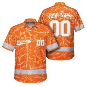 Hi Vis Team Hawaiian Shirt Reflective Tapes Orange Leaf Custom Name And Number Safety Workwear For Workers, Truckers, Operators