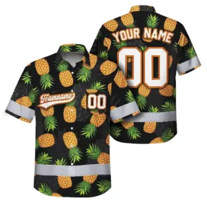 Hi Vis Team Hawaiian Shirt Reflective Tapes Orange Pineapple Custom Name And Number Safety Workwear For Baseball Team, Workers, Truckers, Operators