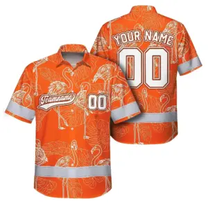 Hi Vis Team Hawaiian Shirt Reflective Tapes Orange White Flower Custom Name And Number Safety Workwear For Baseball Team Workers, Truckers, Operators