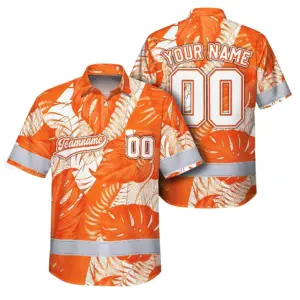 Hi Vis Team Hawaiian Shirt Reflective Tapes Orange White Flower Custom Name And Number Safety Workwear For Baseball Team Workers, Truckers, Operators