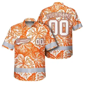 Hi Vis Team Hawaiian Shirt Reflective Tapes Orange White Leaf Custom Name And Number Safety Workwear For Baseball Team Workers, Truckers, Operators