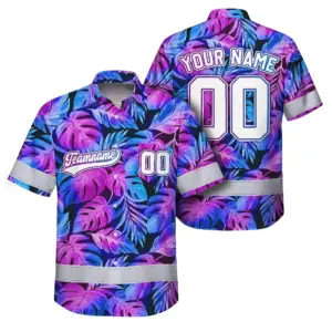 Hi Vis Team Hawaiian Shirt Reflective Tapes Pink Violet Custom Name And Number Safety Workwear For Workers, Truckers, Operators