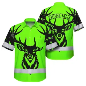 High Visibility Hawaiian Shirt Deer Hunting Design, Reflective Hi Vis Custom Name Hoodie For Hunting Lover