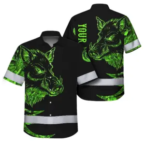 High Visibility Hawaiian Shirt Reflective Black And Green Camo Wild Boar Hunting Custom Name Safety Workwear