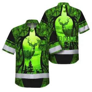 High Visibility Hawaiian Shirt Reflective Black And Green Neon 2 Hunting Custom Name Safety Workwear For Company, Group, Team, Hunters, Hunting Lovers