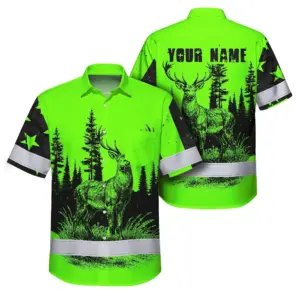 High Visibility Hawaiian Shirt Reflective Black And Green Neon Hunting Custom Name Safety Workwear For Company, Group, Team, Hunters, Hunting Lovers