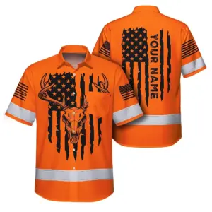 High Visibility Hawaiian Shirt Reflective Orange Neon Skull Deer Hunting US Flag Custom Name Safety Workwear