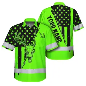 High Visibility Hawaiian Shirt Reflective Skull Deer Hunting US Flag Custom Name Safety Workwear