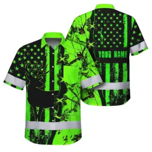 High Visibility Hawaiian Shirt Reflective Tapes Green Neon Deer Camo Hunting US Flag