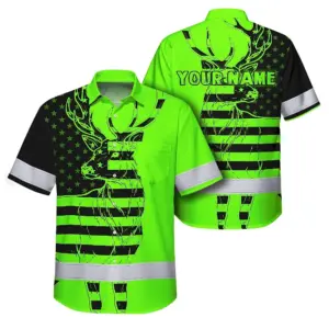 High Visibility Hawaiian Shirt US Flag And Deer Hunting Design, Reflective Hi Vis Custom Name Hoodie For Hunting Lover