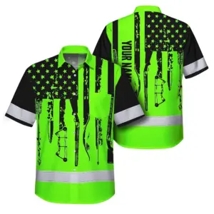 High Visibility Hawaiian Shirt US Flag Hunting Design, Reflective Hi Vis Custom Name Hoodie For Hunting Lover
