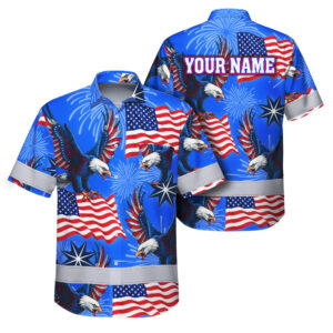 Hi Vis Hawaiian Shirt Reflective Tapes US Flag Blue Custom Name Safety Workwear For Workers, Truckers, Operators