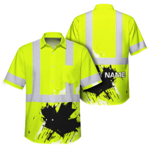 Hi Vis Hawaiian Shirt Reflective Tapes Lime Neon Canada Flag Custom Name Safety Workwear For Workers, Truckers, Operators, Canadian