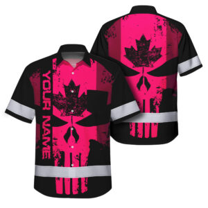 Hi Vis Hawaiian Shirt Reflective Tapes Pink Skull CA Custom Name Safety Workwear For Workers, Truckers, Operators, Canadian