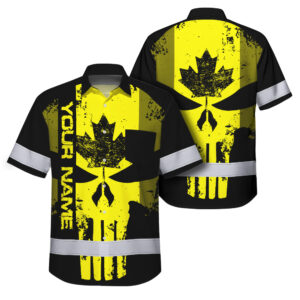 Hi Vis Hawaiian Shirt Reflective Tapes Yellow Skull CA Custom Name Safety Workwear For Workers, Truckers, Operators, Canadian