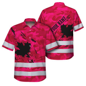 Hi Vis Hawaiian Shirt Reflective Tapes Pink Neon Camo Canada Flag Custom Name Safety Workwear For Workers, Truckers, Operators, Canadian